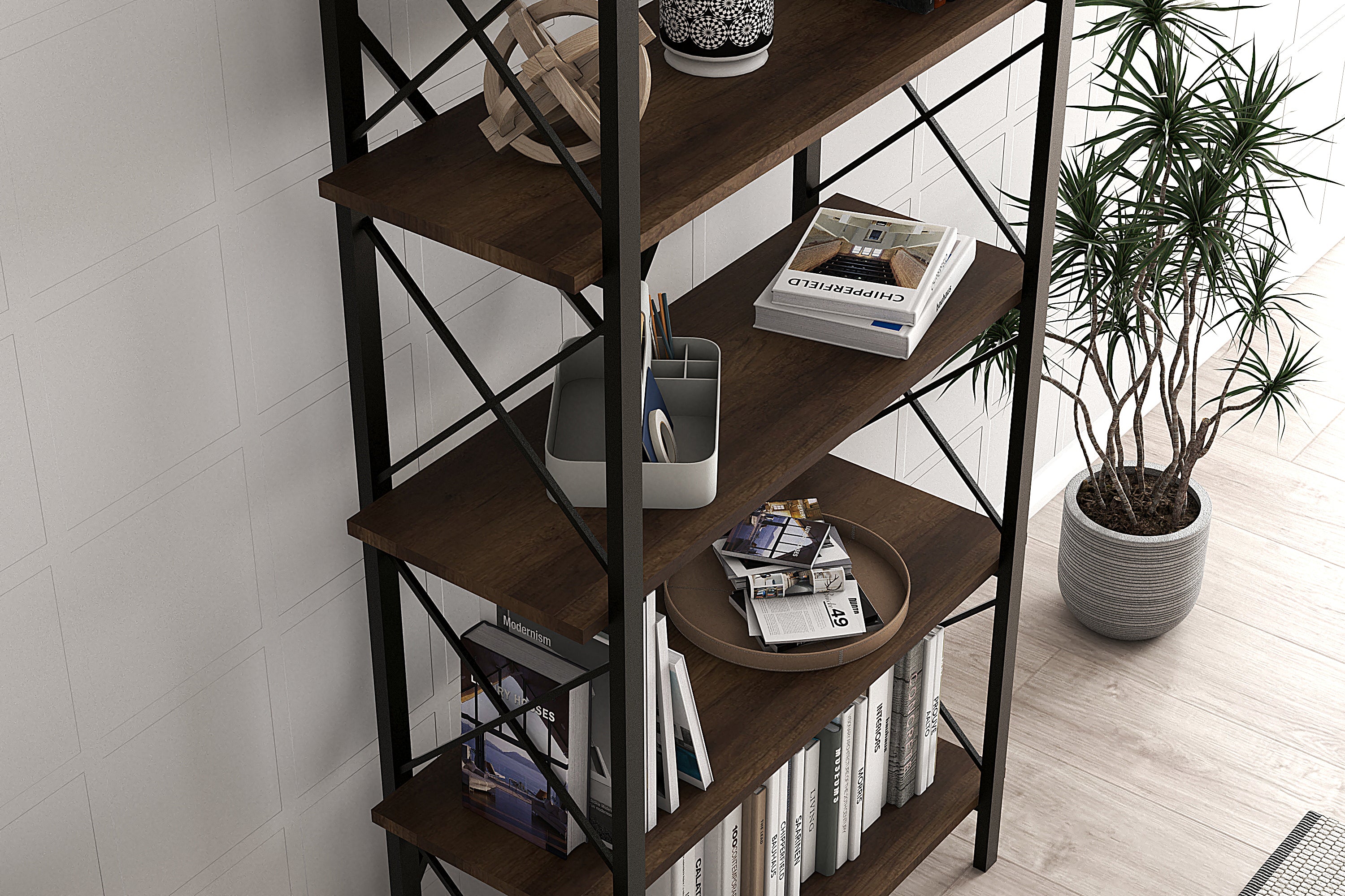 Lugo Walnut 5 Shelf Bookcase featuring a modern design with black metal frame and walnut shelves, ideal for stylish storage.