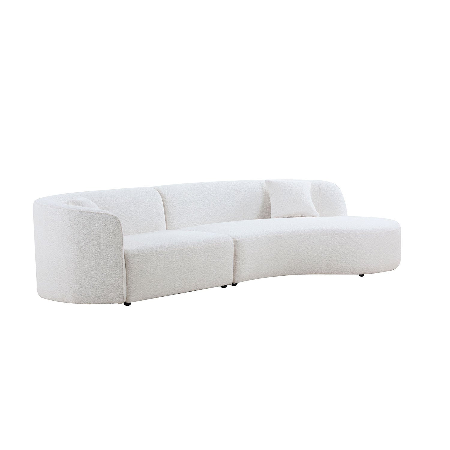 Luxury modern curved sofa with chaise in white boucle fabric, showcasing elegant design and plush seating.