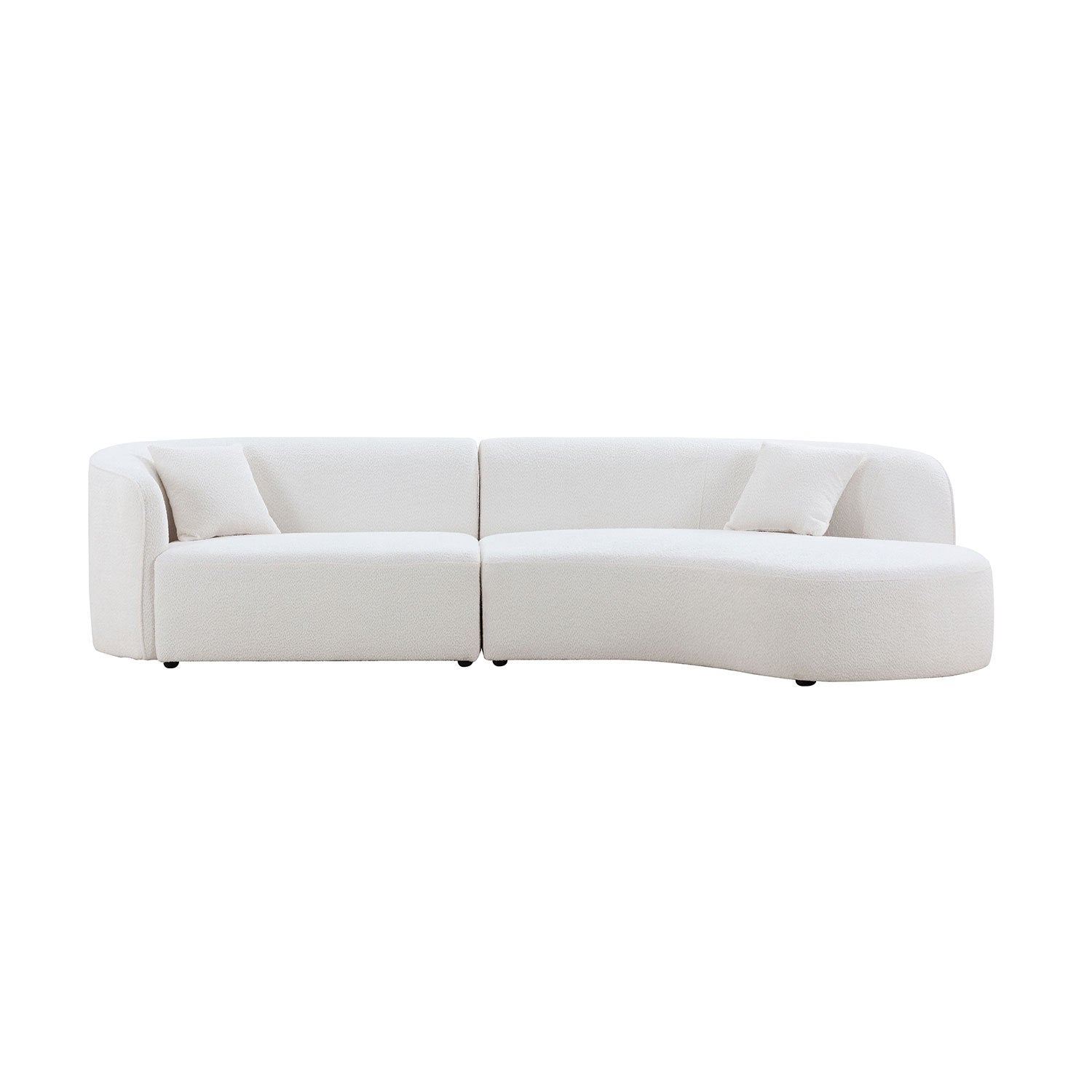 Luxury modern curved sofa with chaise in white boucle fabric, showcasing elegant design and plush seating.