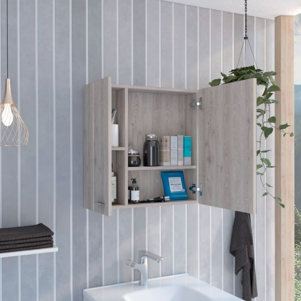 Prague Medicine Cabinet featuring a light gray finish, single mirror door, and four internal shelves, ideal for modern bathrooms.
