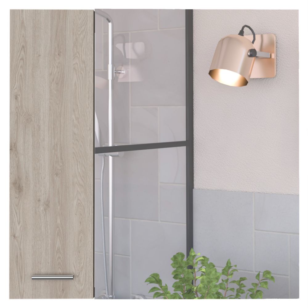 Prague Medicine Cabinet featuring a light gray finish, single mirror door, and four internal shelves, ideal for modern bathrooms.