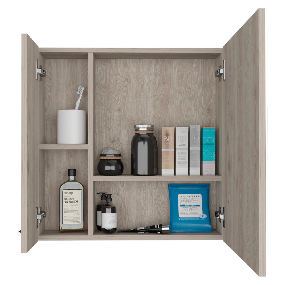 Prague Medicine Cabinet featuring a light gray finish, single mirror door, and four internal shelves, ideal for modern bathrooms.