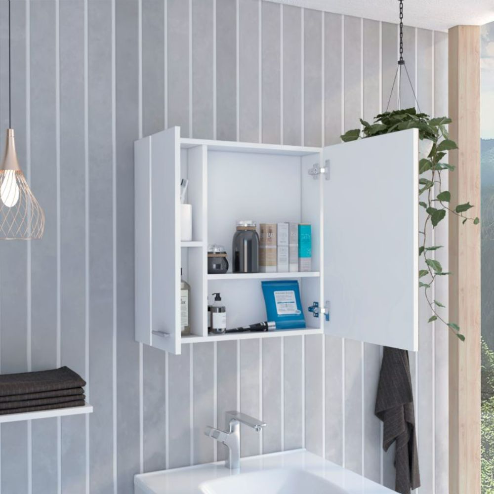 Prague Medicine Cabinet with four internal shelves and a single door, featuring a sleek white finish and a mirror.