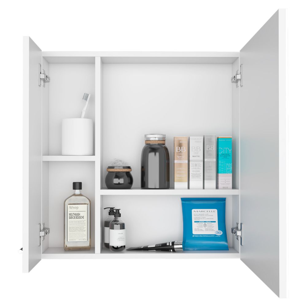 Prague Medicine Cabinet with four internal shelves and a single door, featuring a sleek white finish and a mirror.