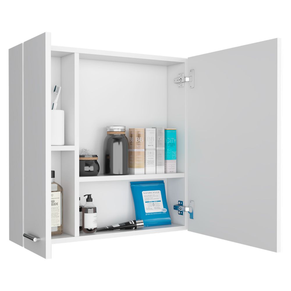 Prague Medicine Cabinet with four internal shelves and a single door, featuring a sleek white finish and a mirror.