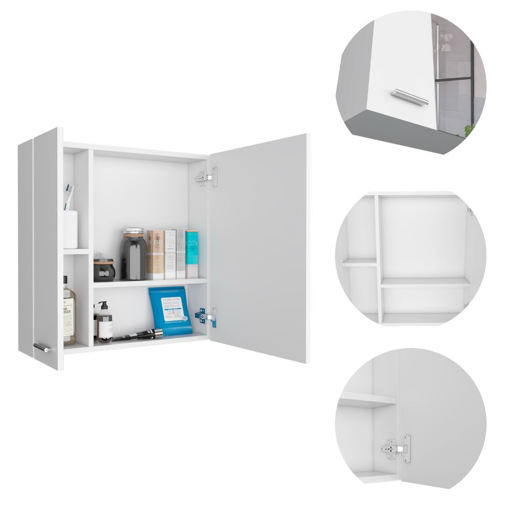 Prague Medicine Cabinet with four internal shelves and a single door, featuring a sleek white finish and a mirror.