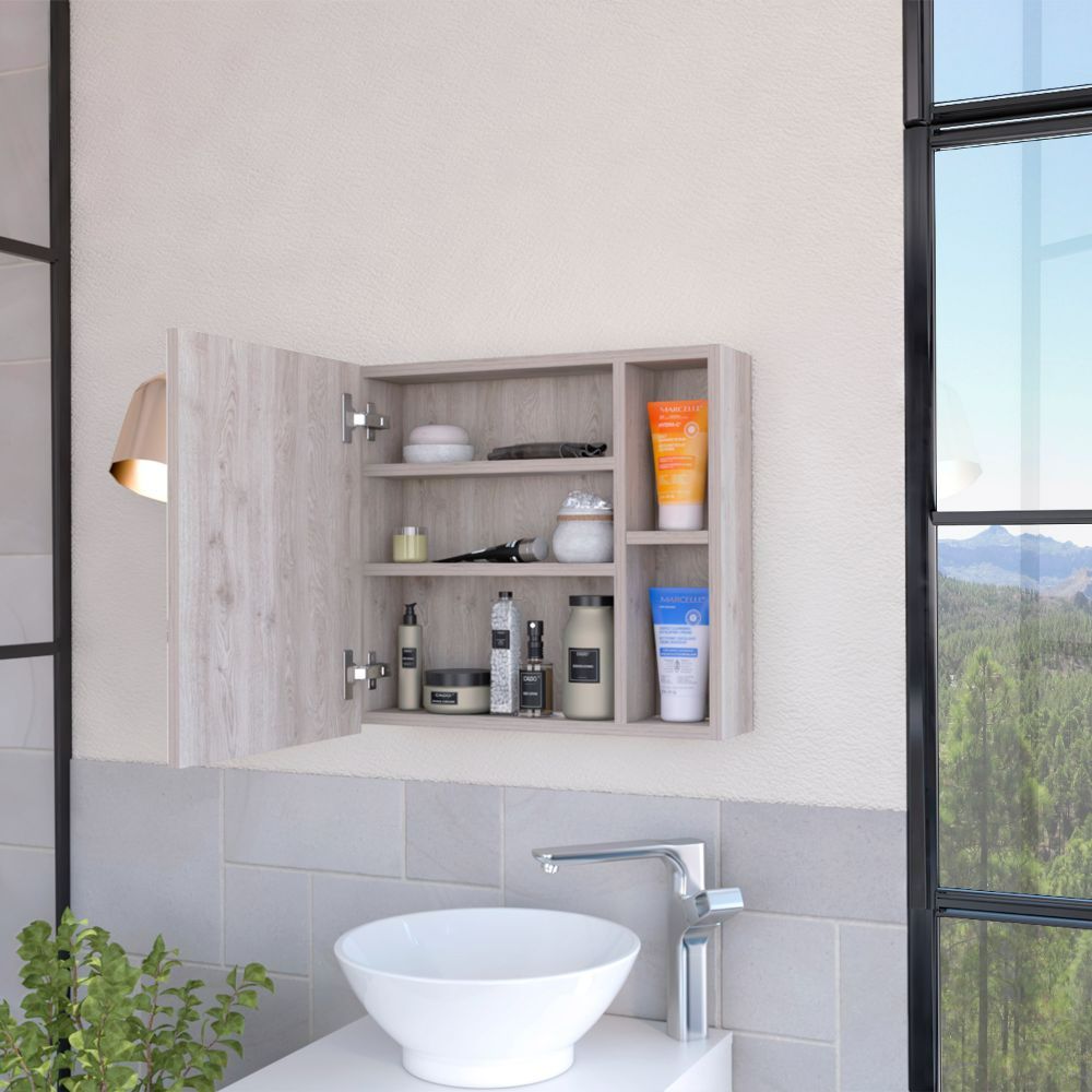 Viking Medicine Cabinet featuring a sleek black manufactured wood design with a large mirror and three internal shelves.