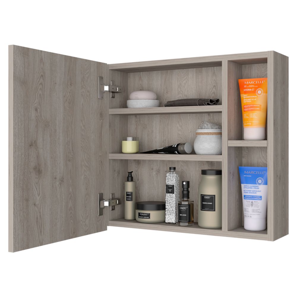 Viking Medicine Cabinet featuring a sleek black manufactured wood design with a large mirror and three internal shelves.