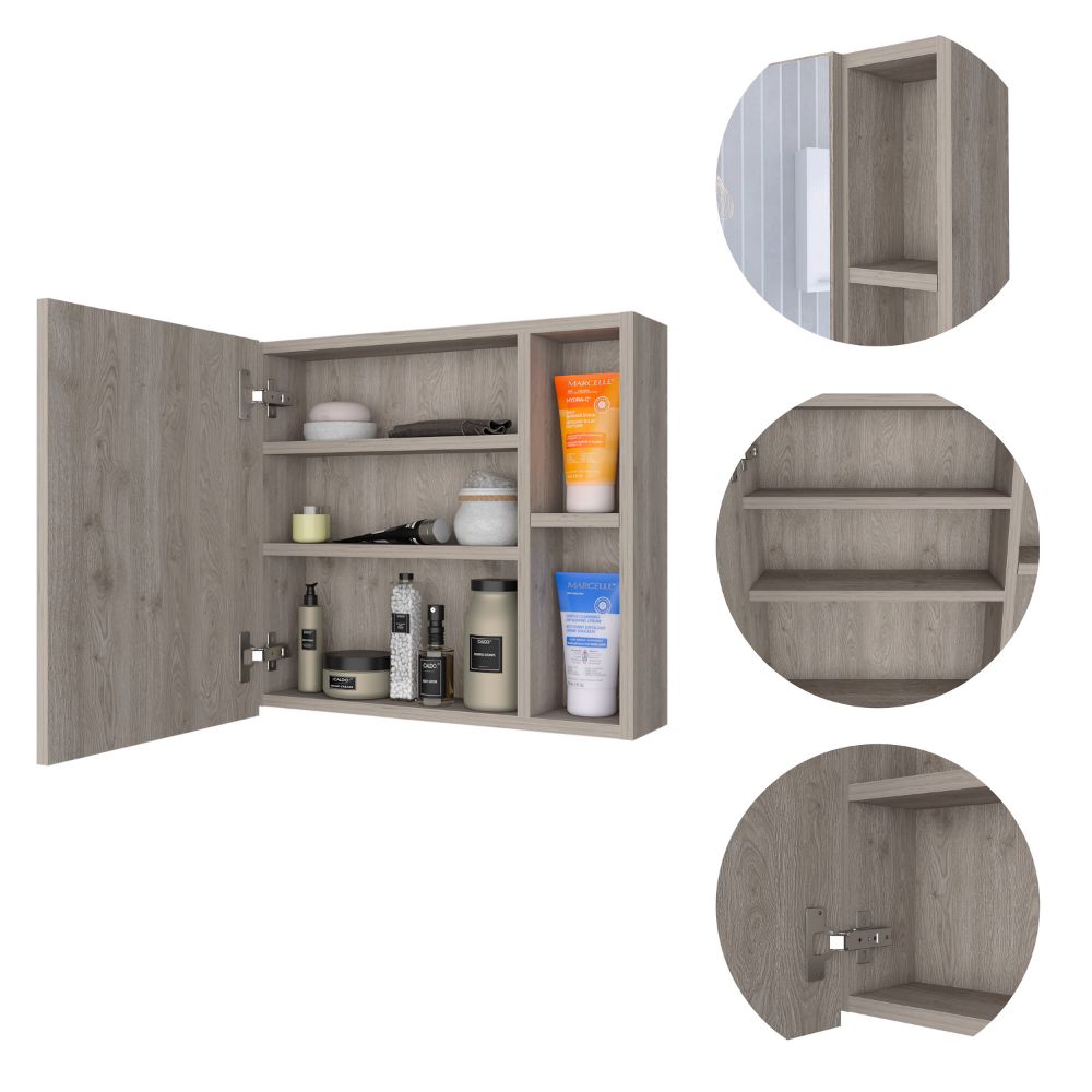 Viking Medicine Cabinet featuring a sleek black manufactured wood design with a large mirror and three internal shelves.