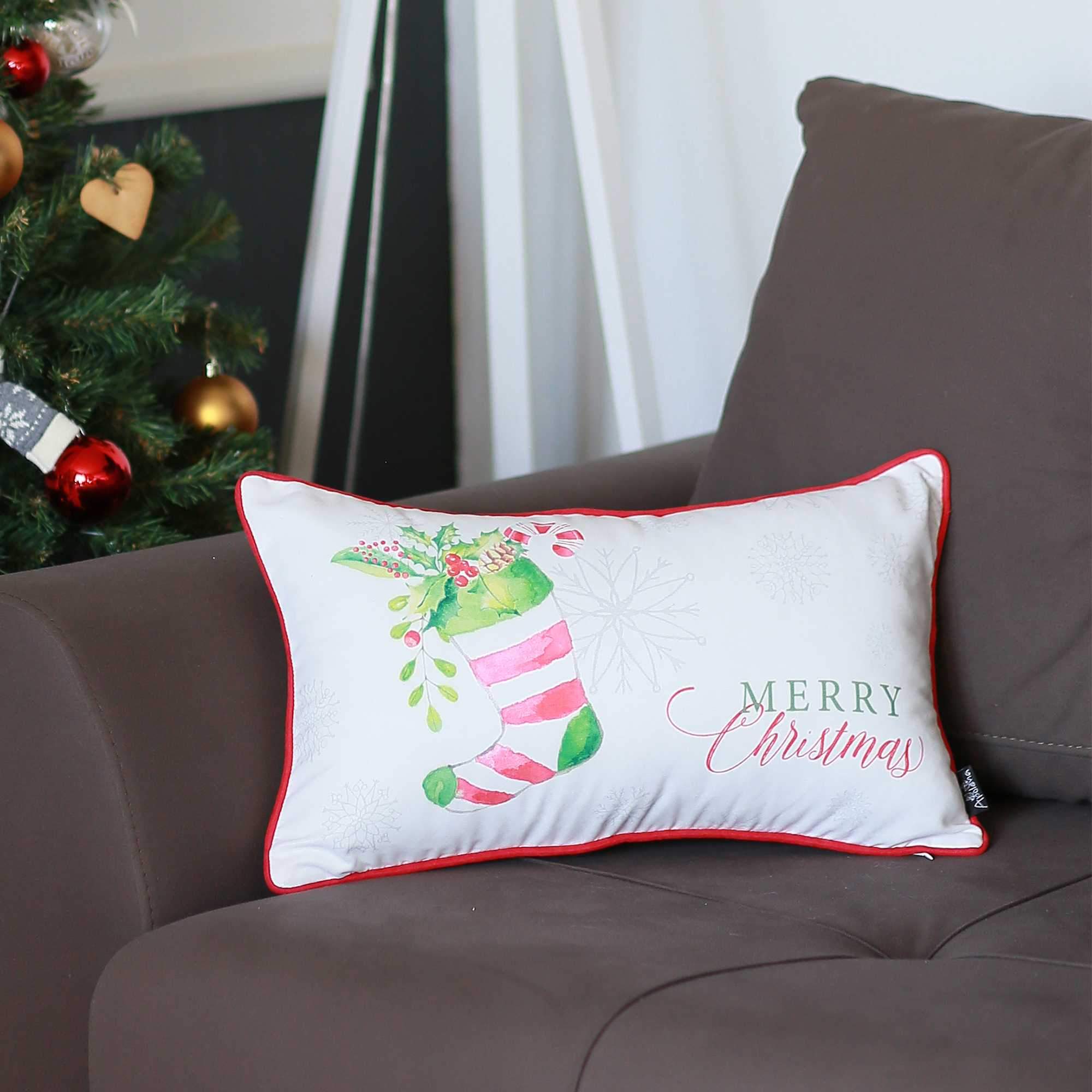 Merry Christmas Filled Stocking Decorative Lumbar Throw Pillow Cover featuring colorful Christmas socks design and red piping.