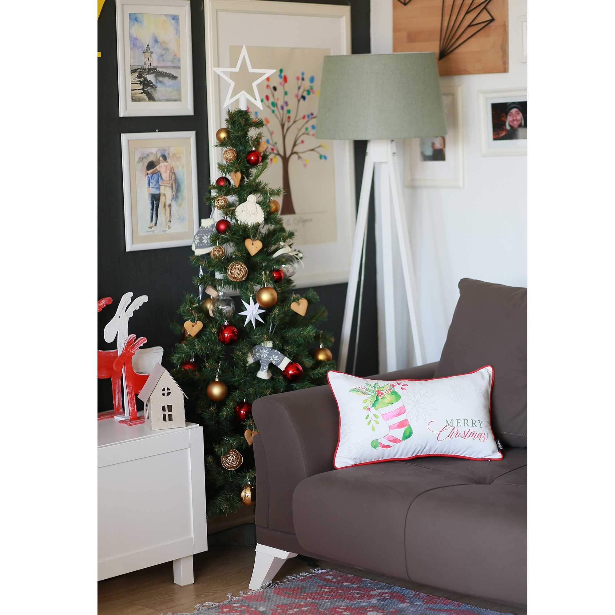 Merry Christmas Filled Stocking Decorative Lumbar Throw Pillow Cover featuring colorful Christmas socks design and red piping.