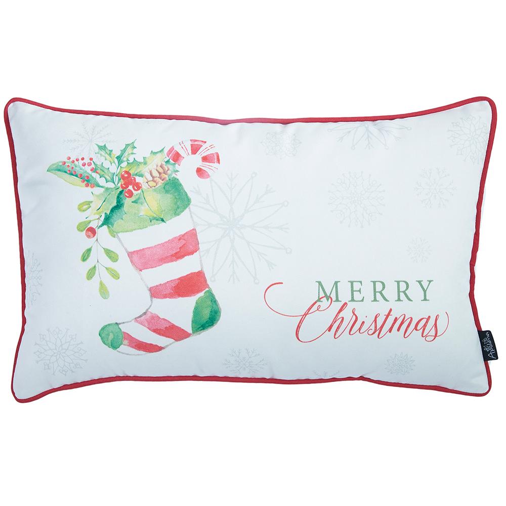 Merry Christmas Filled Stocking Decorative Lumbar Throw Pillow Cover featuring colorful Christmas socks design and red piping.