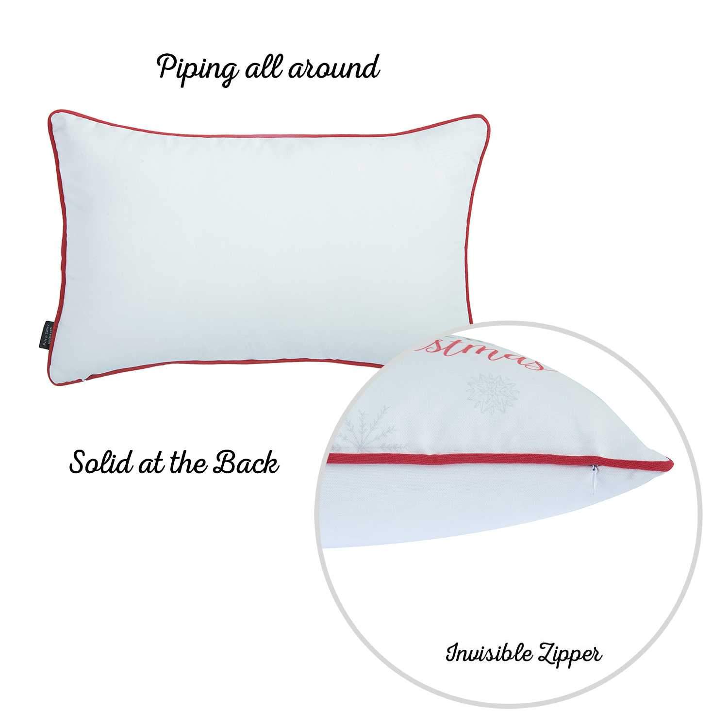 Merry Christmas Filled Stocking Decorative Lumbar Throw Pillow Cover featuring colorful Christmas socks design and red piping.