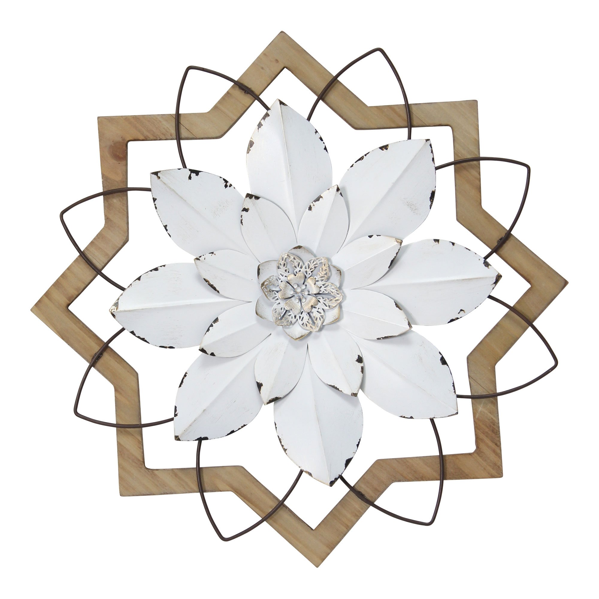 Handcrafted metal white flower wall art framed in espresso wood, showcasing vintage charm and intricate petal layers.