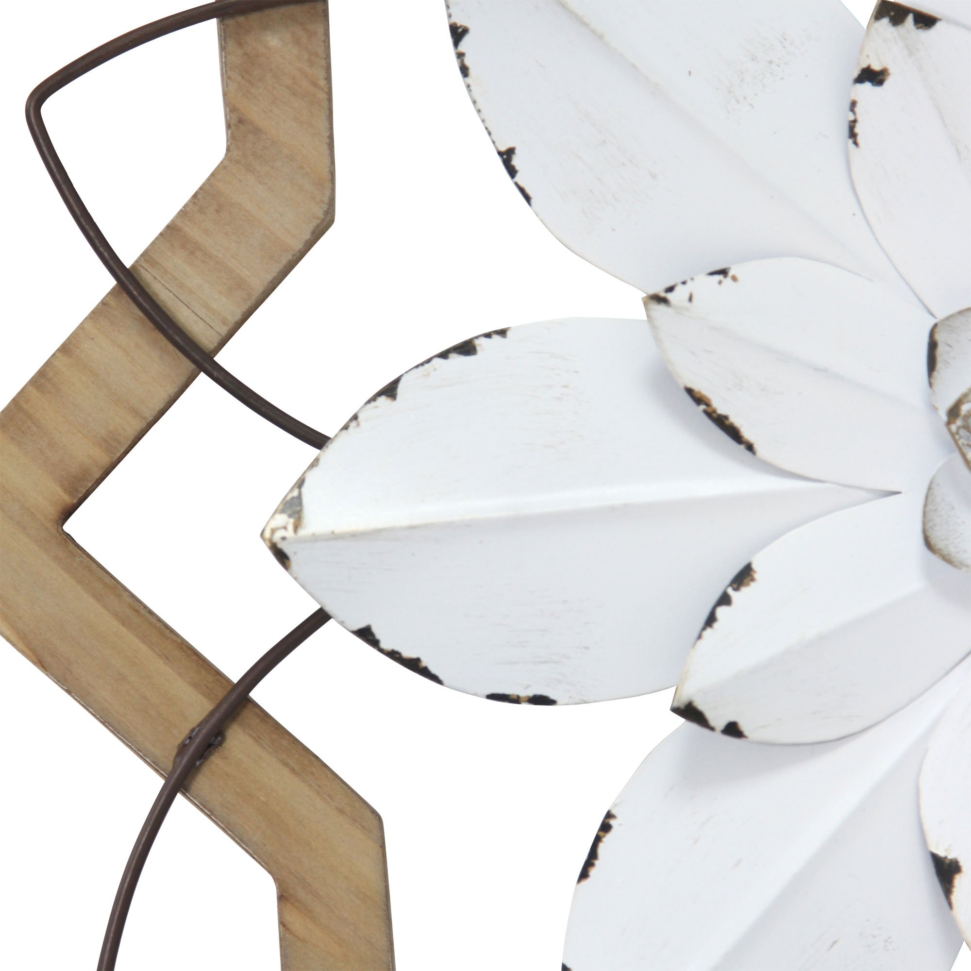 Handcrafted metal white flower wall art framed in espresso wood, showcasing vintage charm and intricate petal layers.