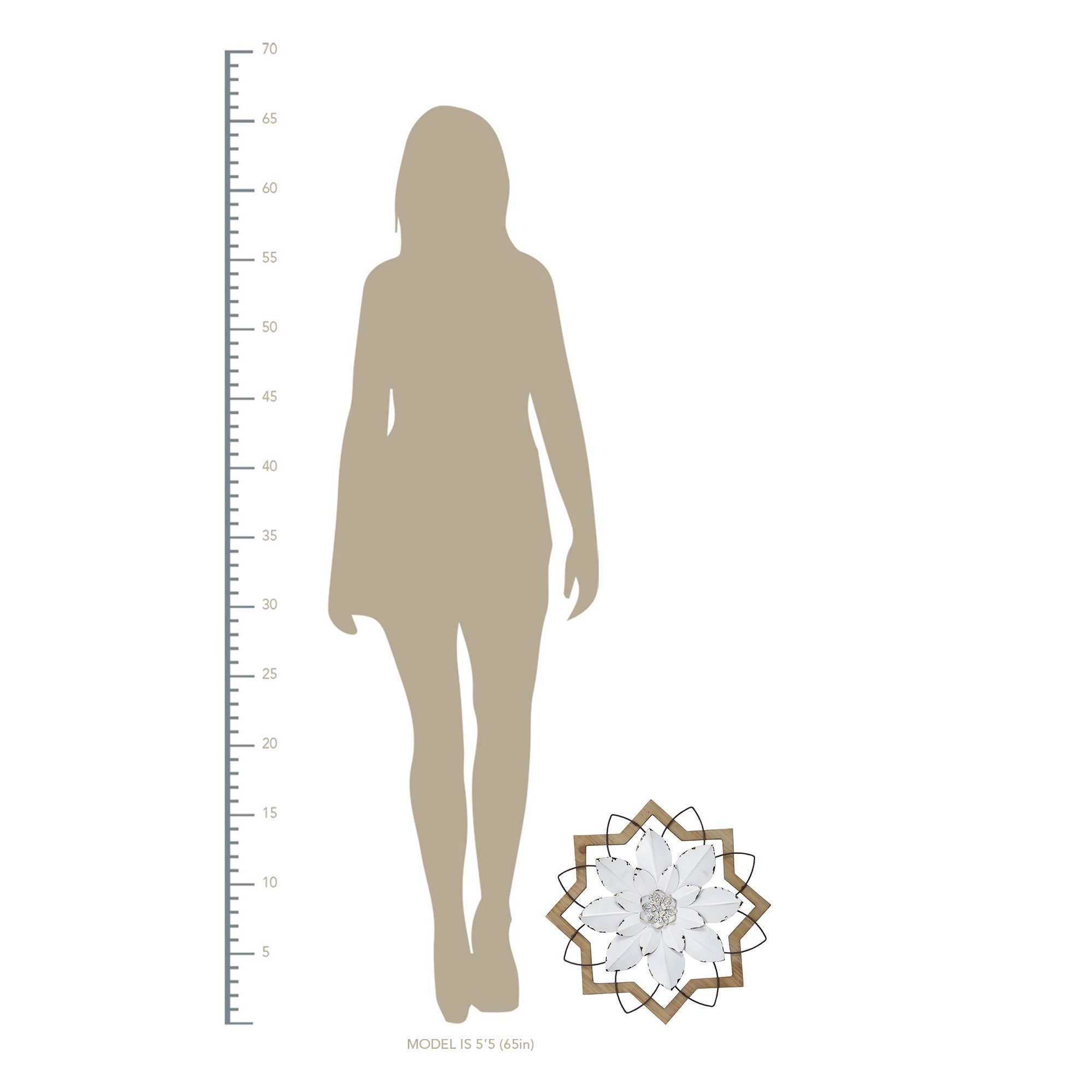 Handcrafted metal white flower wall art framed in espresso wood, showcasing vintage charm and intricate petal layers.