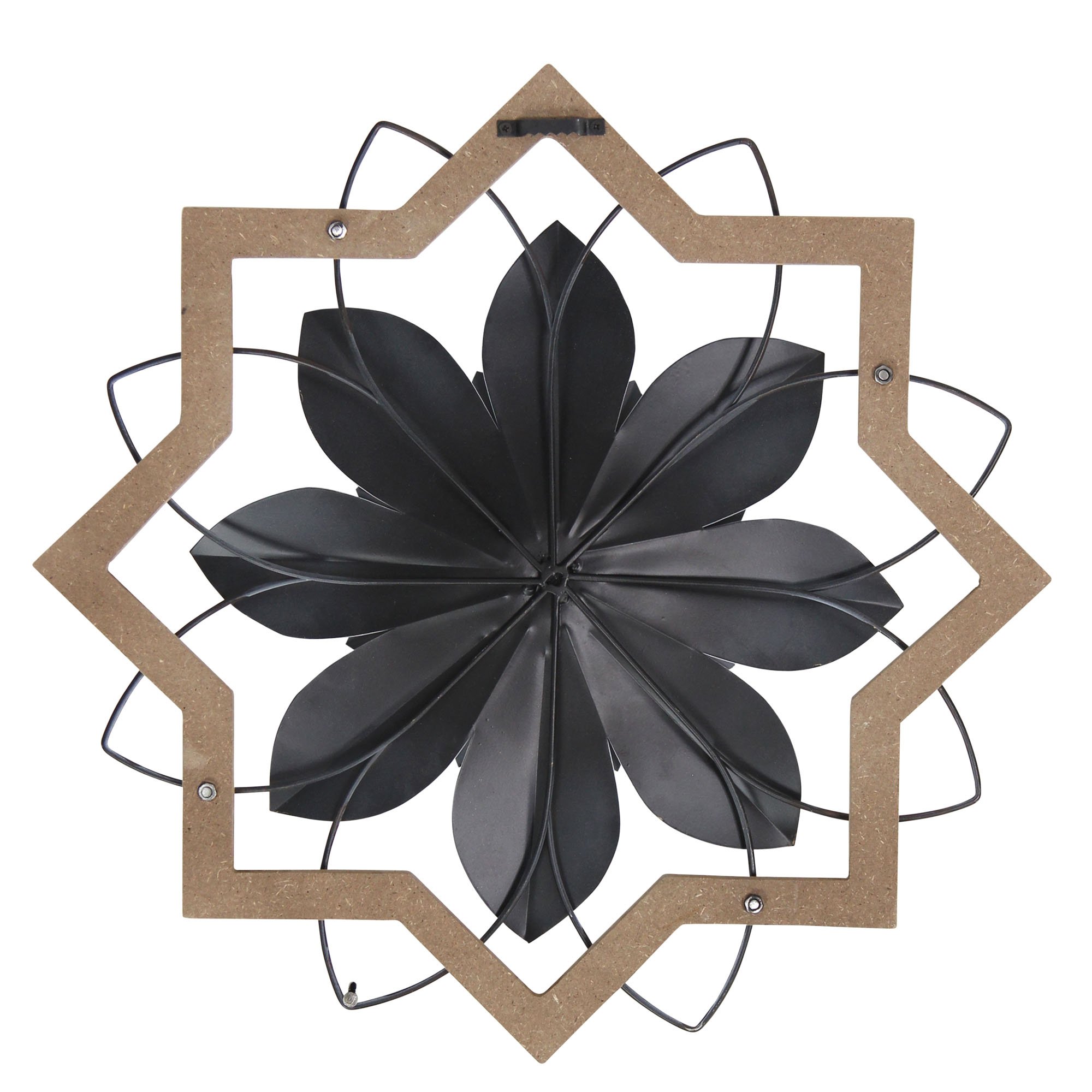Handcrafted metal white flower wall art framed in espresso wood, showcasing vintage charm and intricate petal layers.