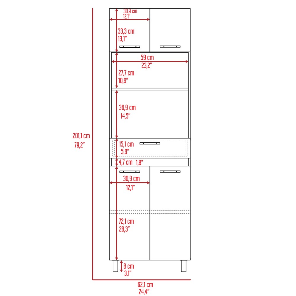 Madison Microwave Cabinet in white finish with double doors, showcasing spacious top surface and organized storage.