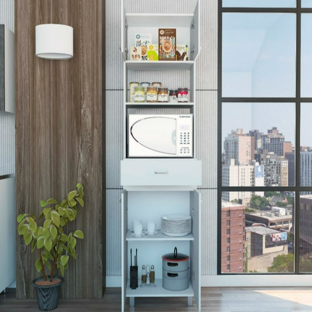 Madison Microwave Cabinet in white finish with double doors, showcasing spacious top surface and organized storage.