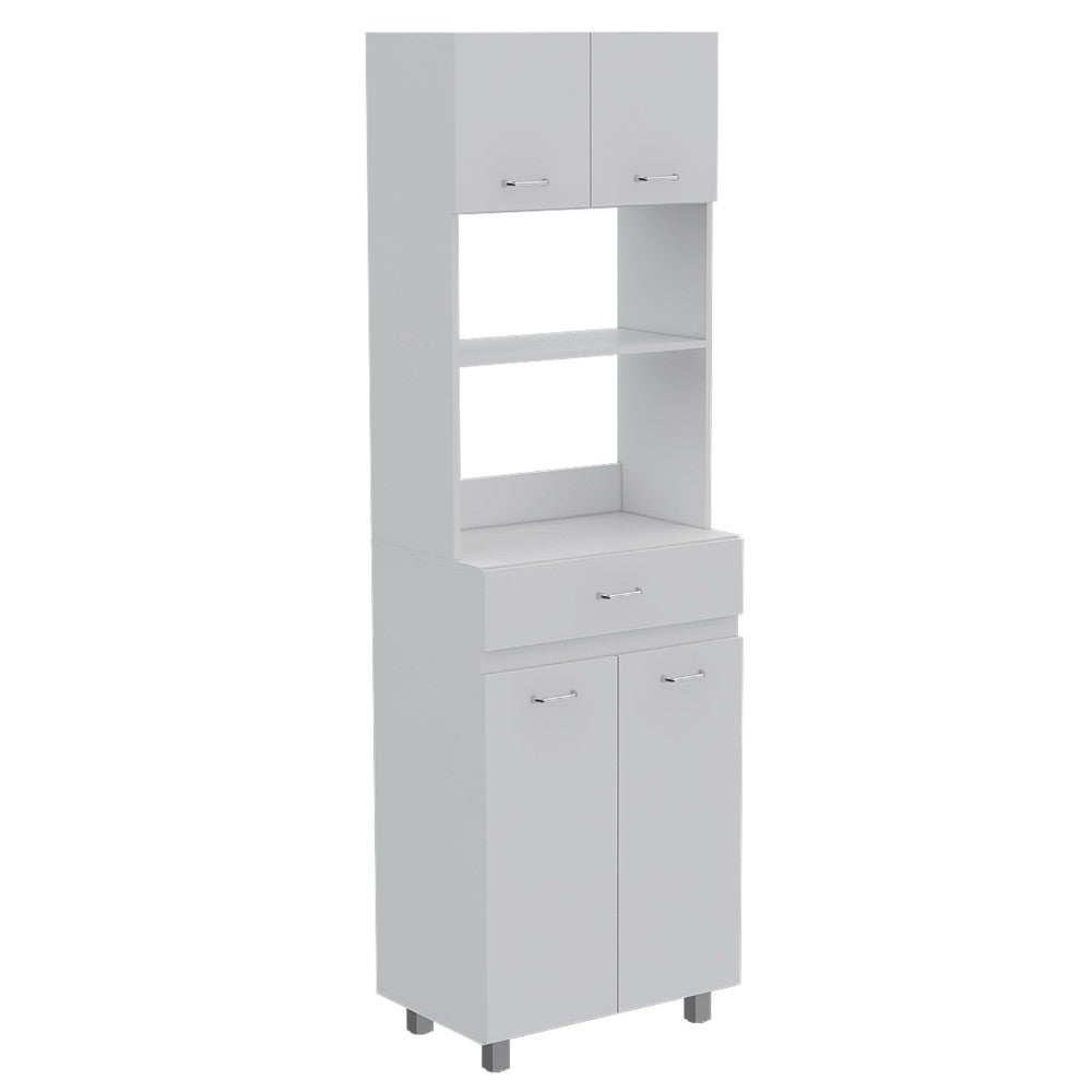 Madison Microwave Cabinet in white finish with double doors, showcasing spacious top surface and organized storage.