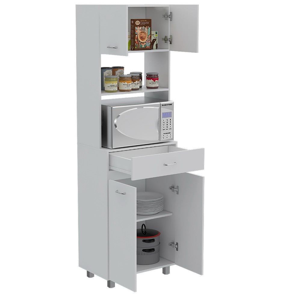 Madison Microwave Cabinet in white finish with double doors, showcasing spacious top surface and organized storage.