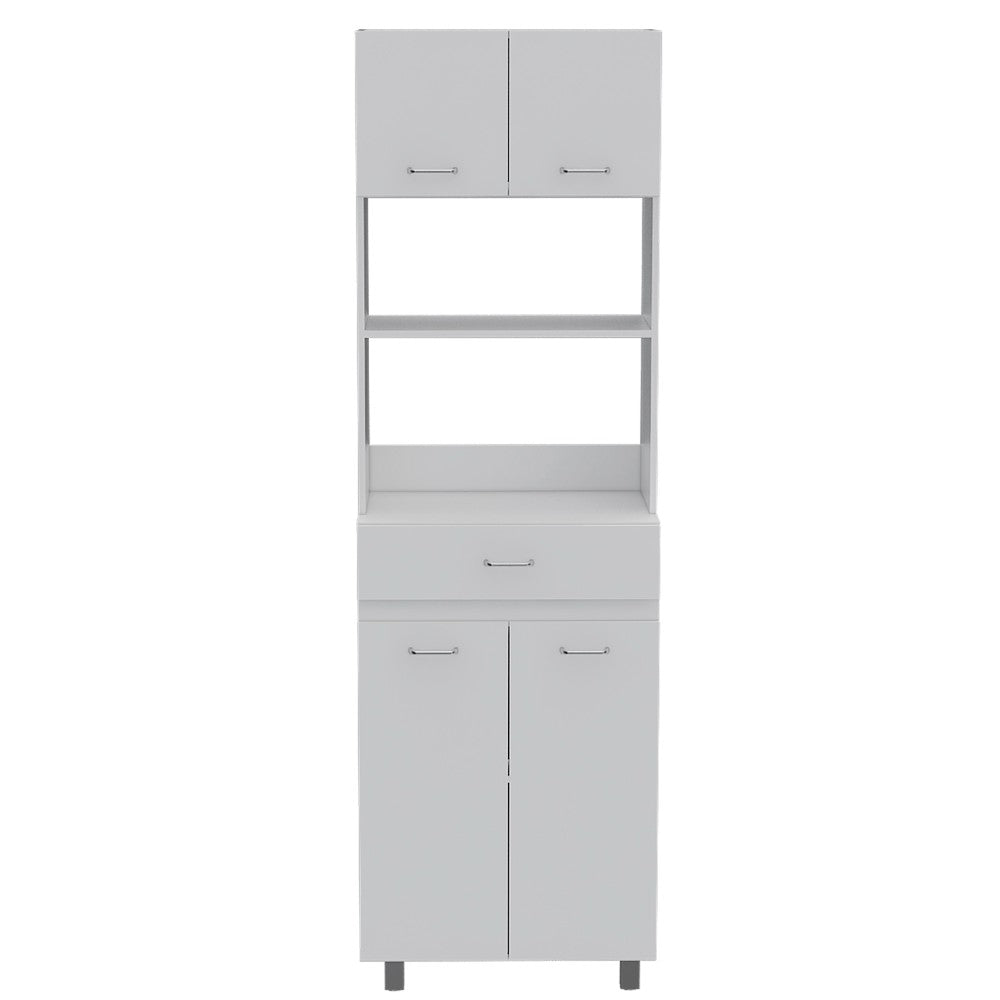 Madison Microwave Cabinet in white finish with double doors, showcasing spacious top surface and organized storage.