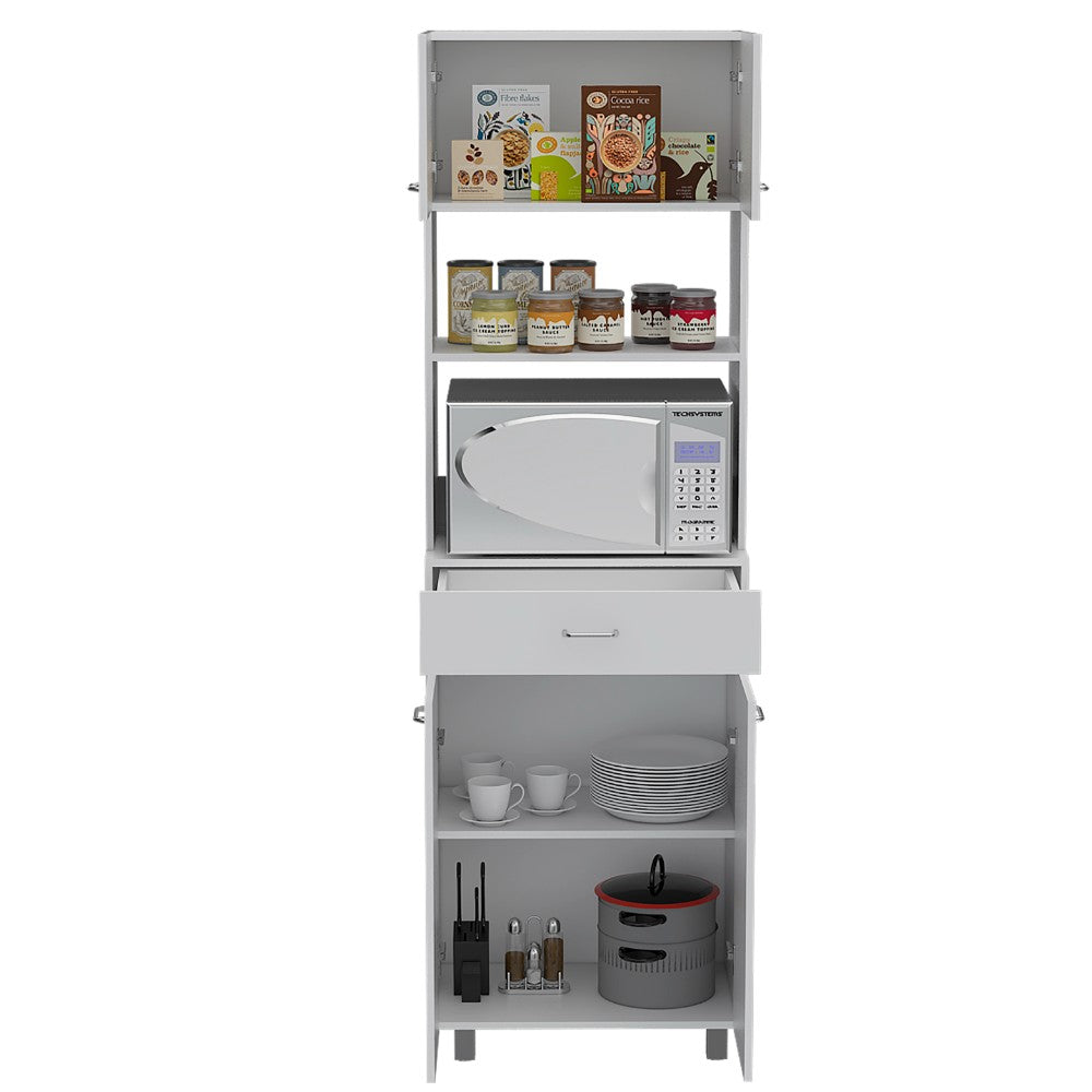 Madison Microwave Cabinet in white finish with double doors, showcasing spacious top surface and organized storage.