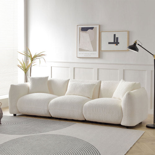 Mid Century Modern 3-Seater Sofa in beige upholstery with unique corner design, showcasing its stylish appearance and comfortable seating.