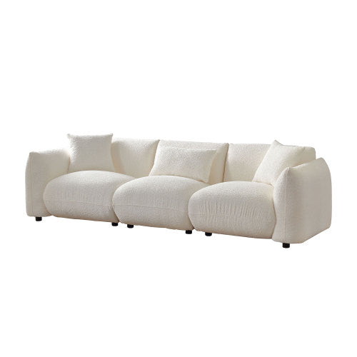 Mid Century Modern 3-Seater Sofa in beige upholstery with unique corner design, showcasing its stylish appearance and comfortable seating.