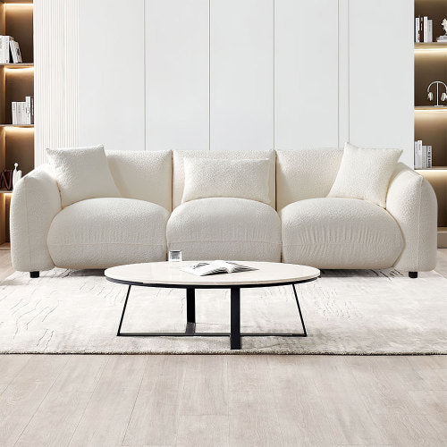 Mid Century Modern 3-Seater Sofa in beige upholstery with unique corner design, showcasing its stylish appearance and comfortable seating.