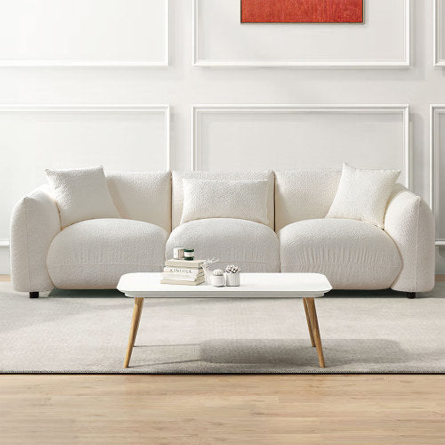 Mid Century Modern 3-Seater Sofa in beige upholstery with unique corner design, showcasing its stylish appearance and comfortable seating.