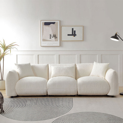 Mid Century Modern 3-Seater Sofa in beige upholstery with unique corner design, showcasing its stylish appearance and comfortable seating.