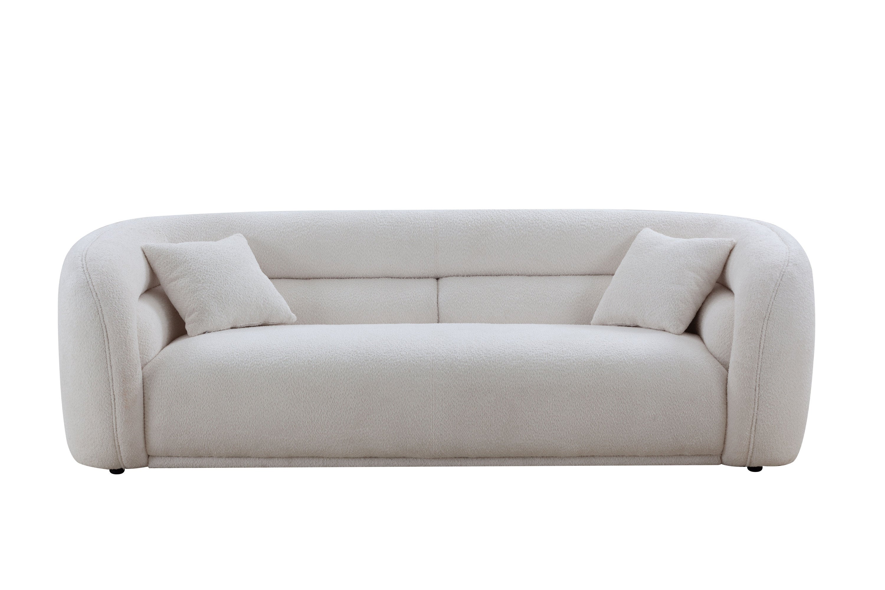 Mid Century Modern Curved Living Room Sofa in white boucle fabric, showcasing its elegant design and comfortable seating.
