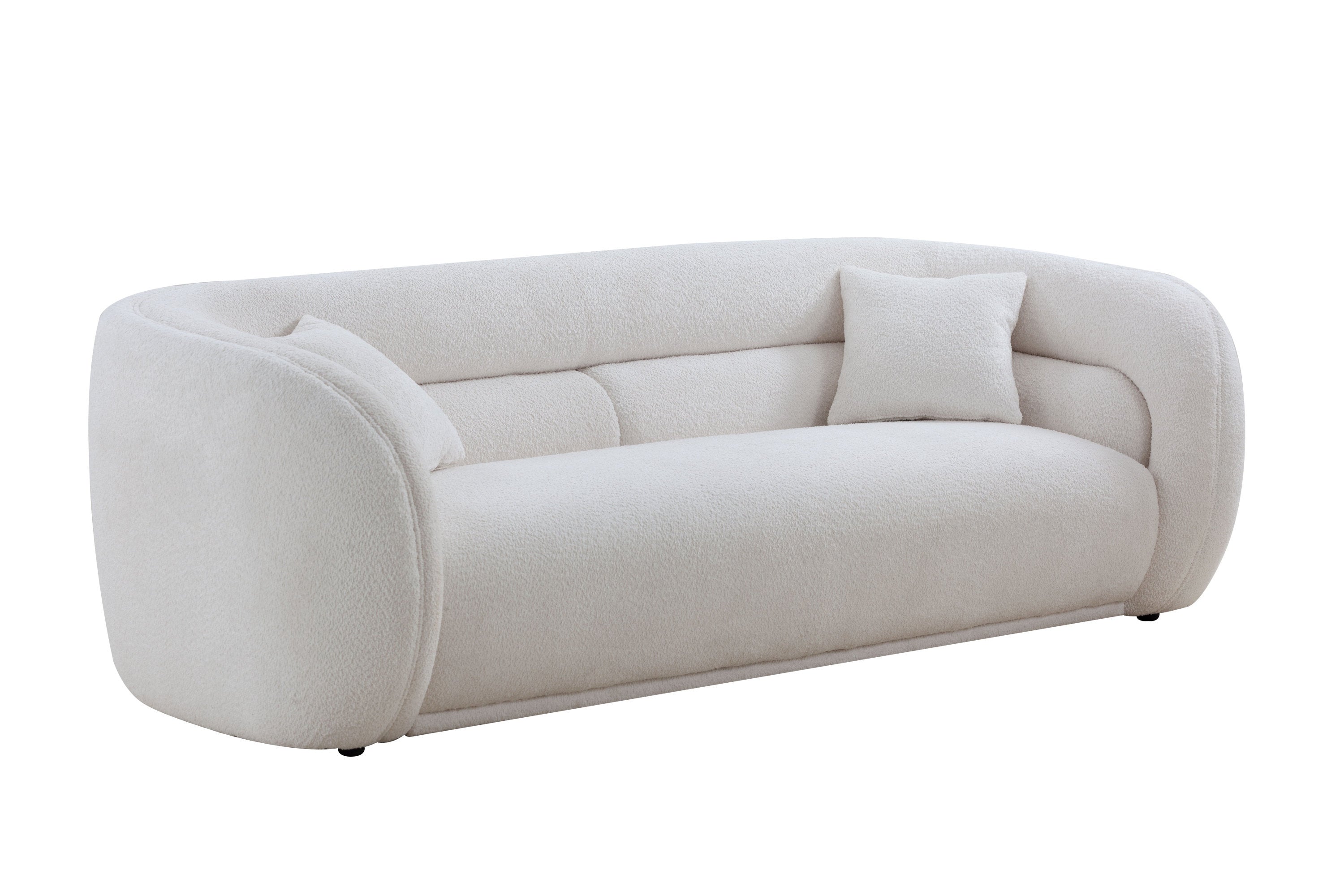 Mid Century Modern Curved Living Room Sofa in white boucle fabric, showcasing its elegant design and comfortable seating.