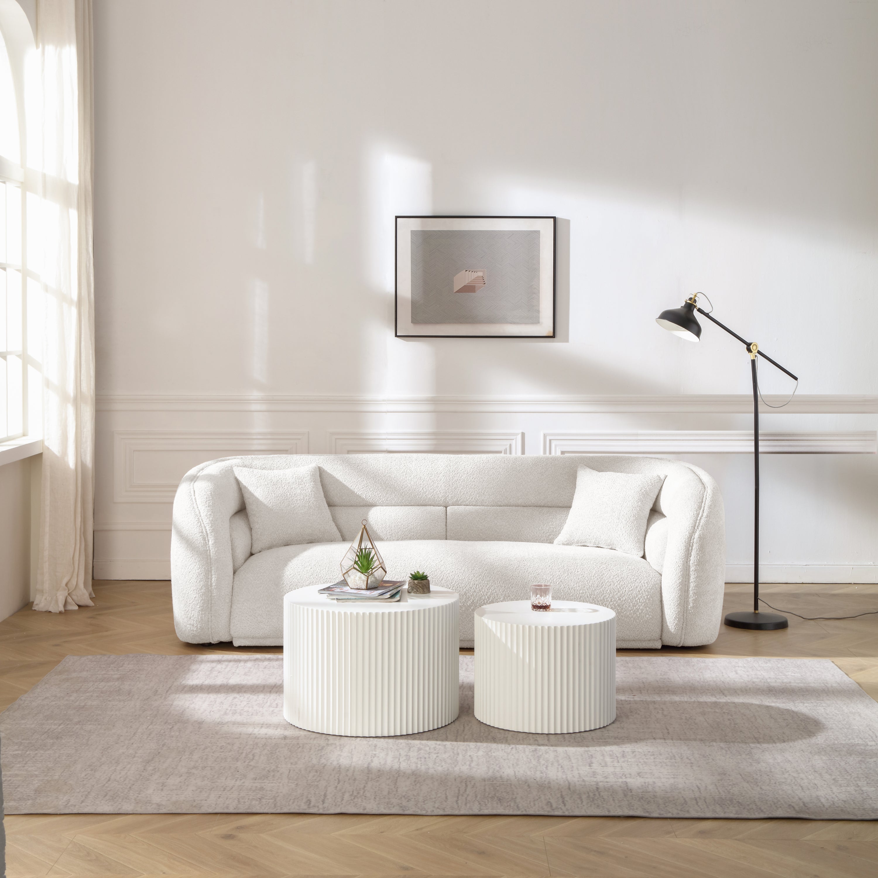 Mid Century Modern Curved Living Room Sofa in white boucle fabric, showcasing its elegant design and comfortable seating.