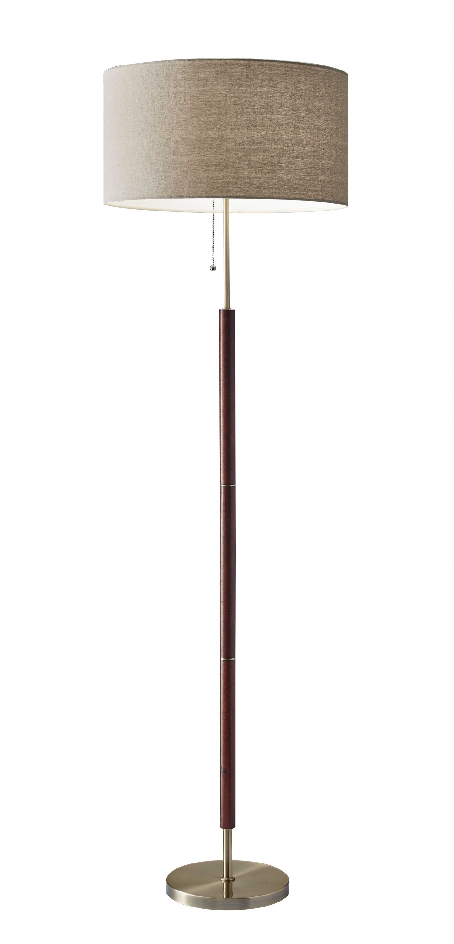 Mid-Century Modern Floor Lamp featuring antique brass and walnut wood finishes with a natural linen shade.