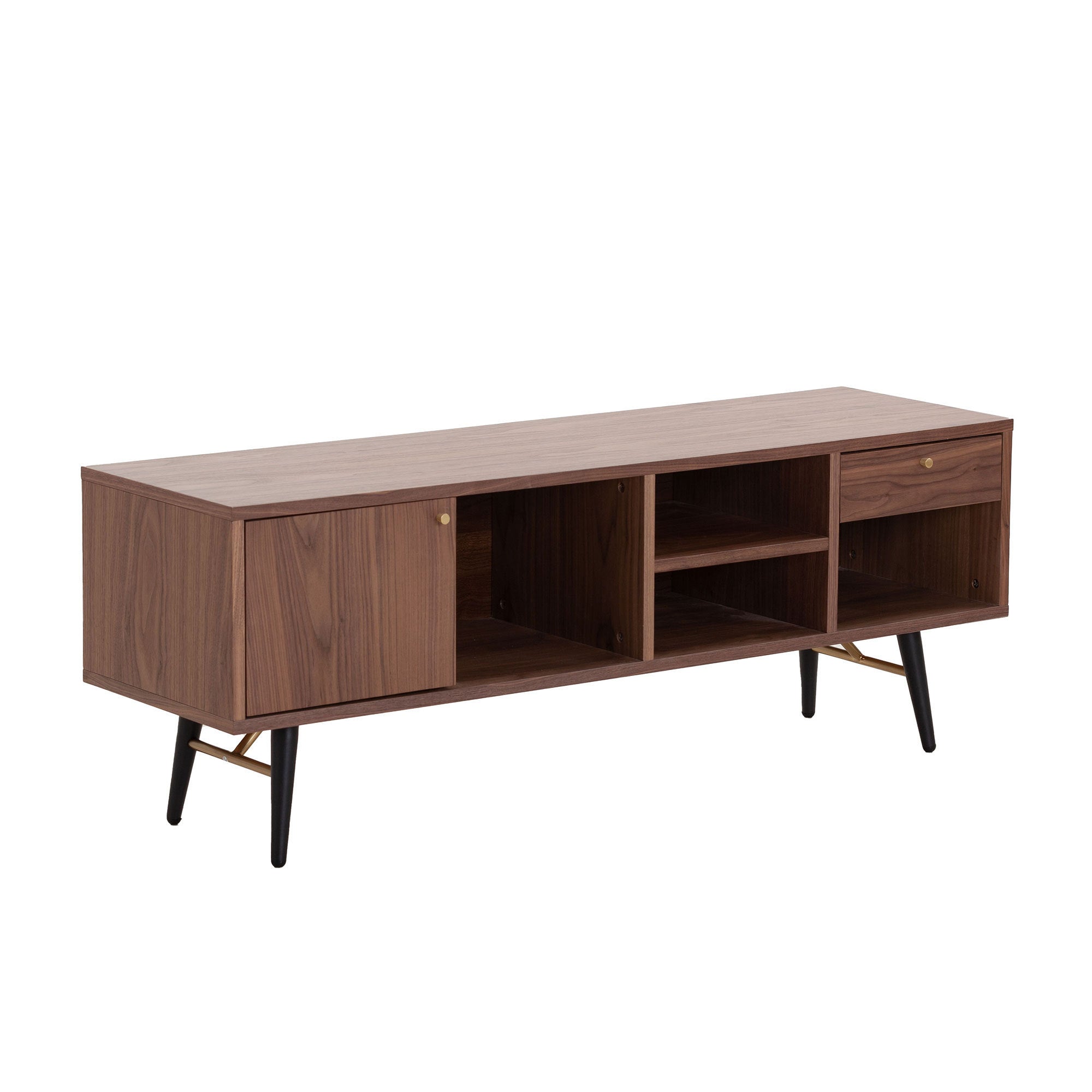 Mid-Century Modern Low Profile Media Console TV Stand in Walnut, featuring a sleek design with open and concealed shelving for storage.