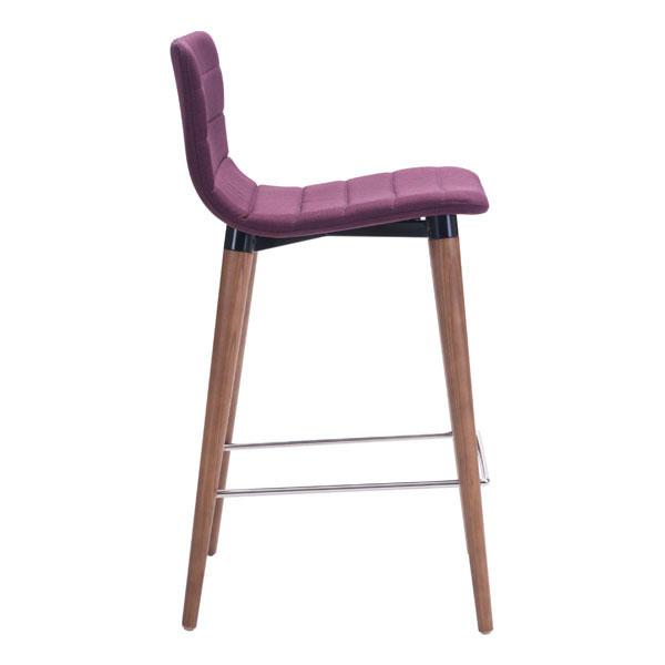 Mid-Century Modern Purple Counter Chair Set of 2 featuring poly-linen upholstery, walnut wood legs, and chrome footrest.