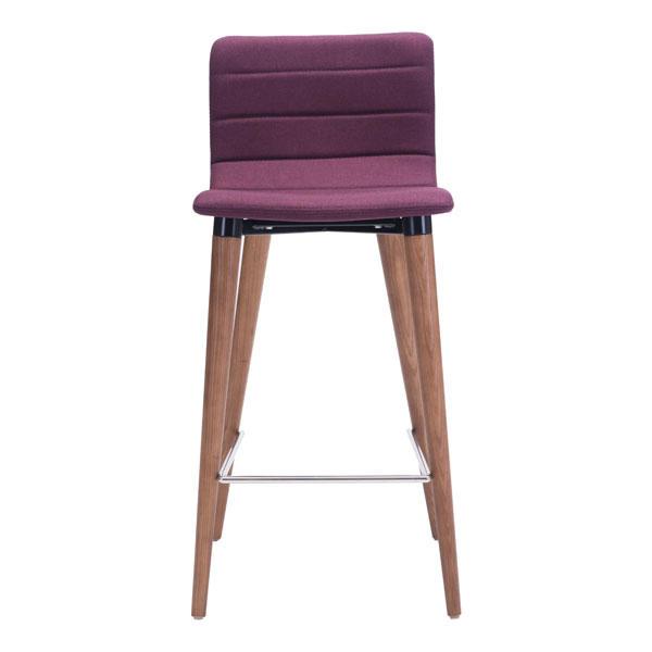 Mid-Century Modern Purple Counter Chair Set of 2 featuring poly-linen upholstery, walnut wood legs, and chrome footrest.