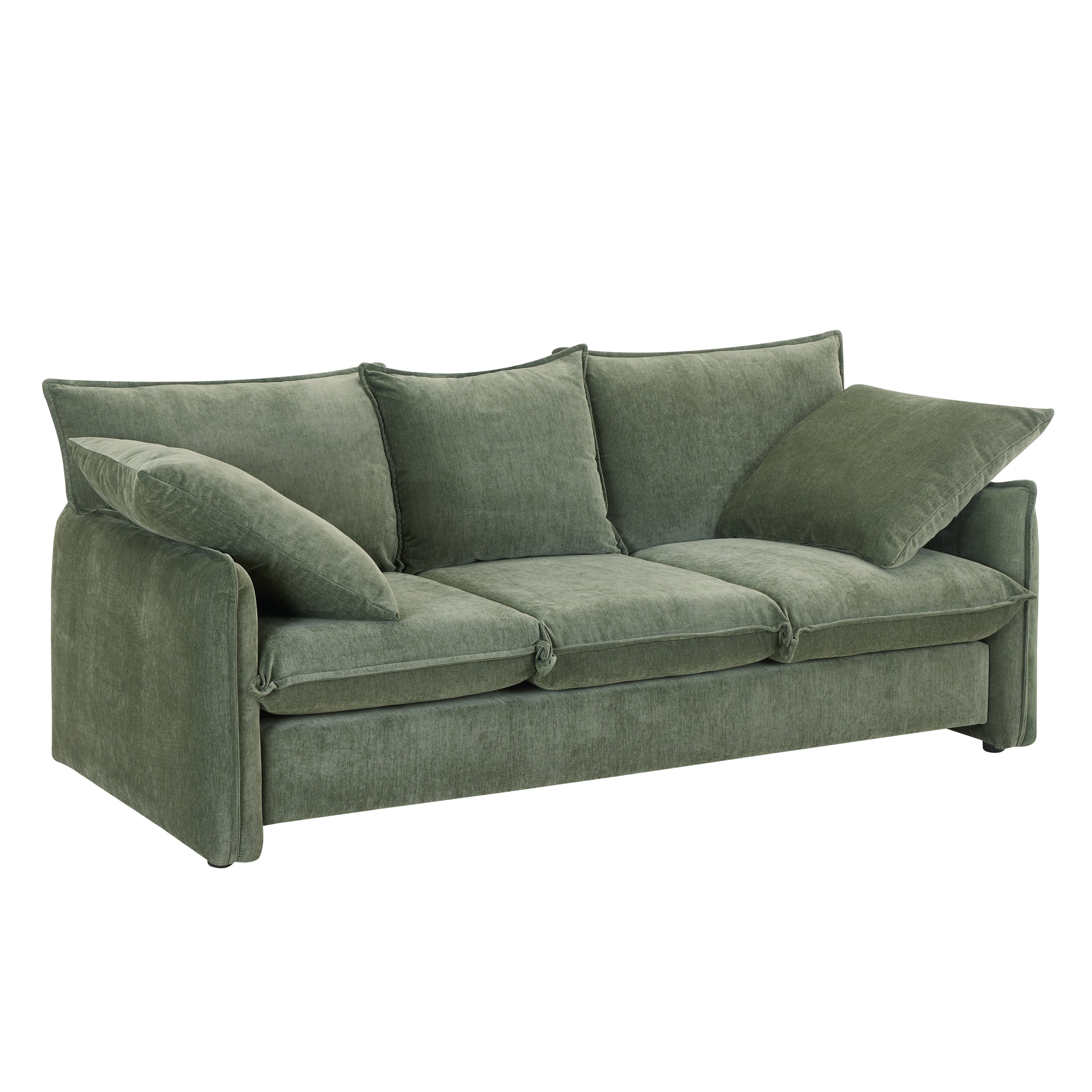 Mid-century 3-seater sofa in green upholstery with stylish stitching, perfect for living rooms and lounges.