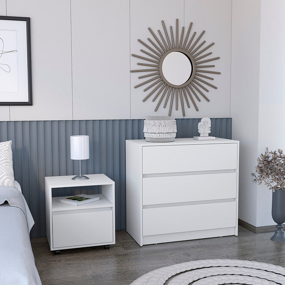 Milford 2 Piece Bedroom Set featuring a white nightstand and dresser, showcasing elegant design and ample storage space.