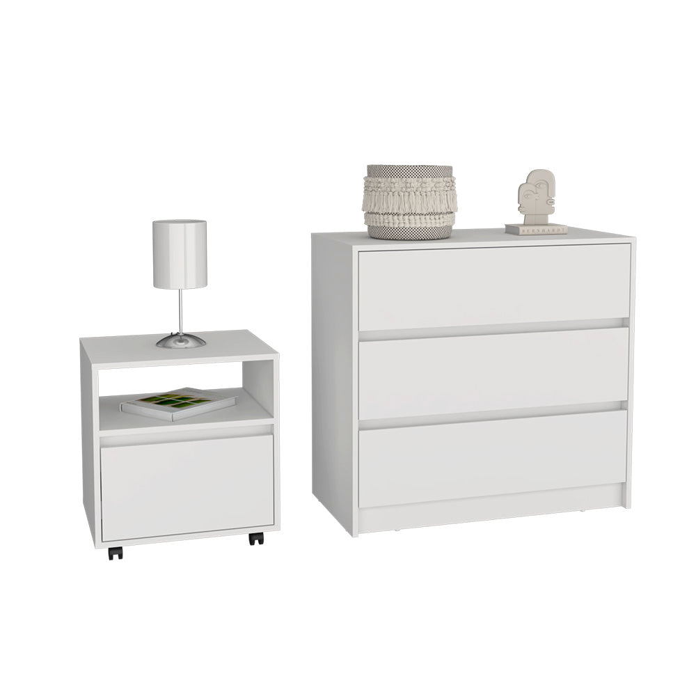 Milford 2 Piece Bedroom Set featuring a white nightstand and dresser, showcasing elegant design and ample storage space.