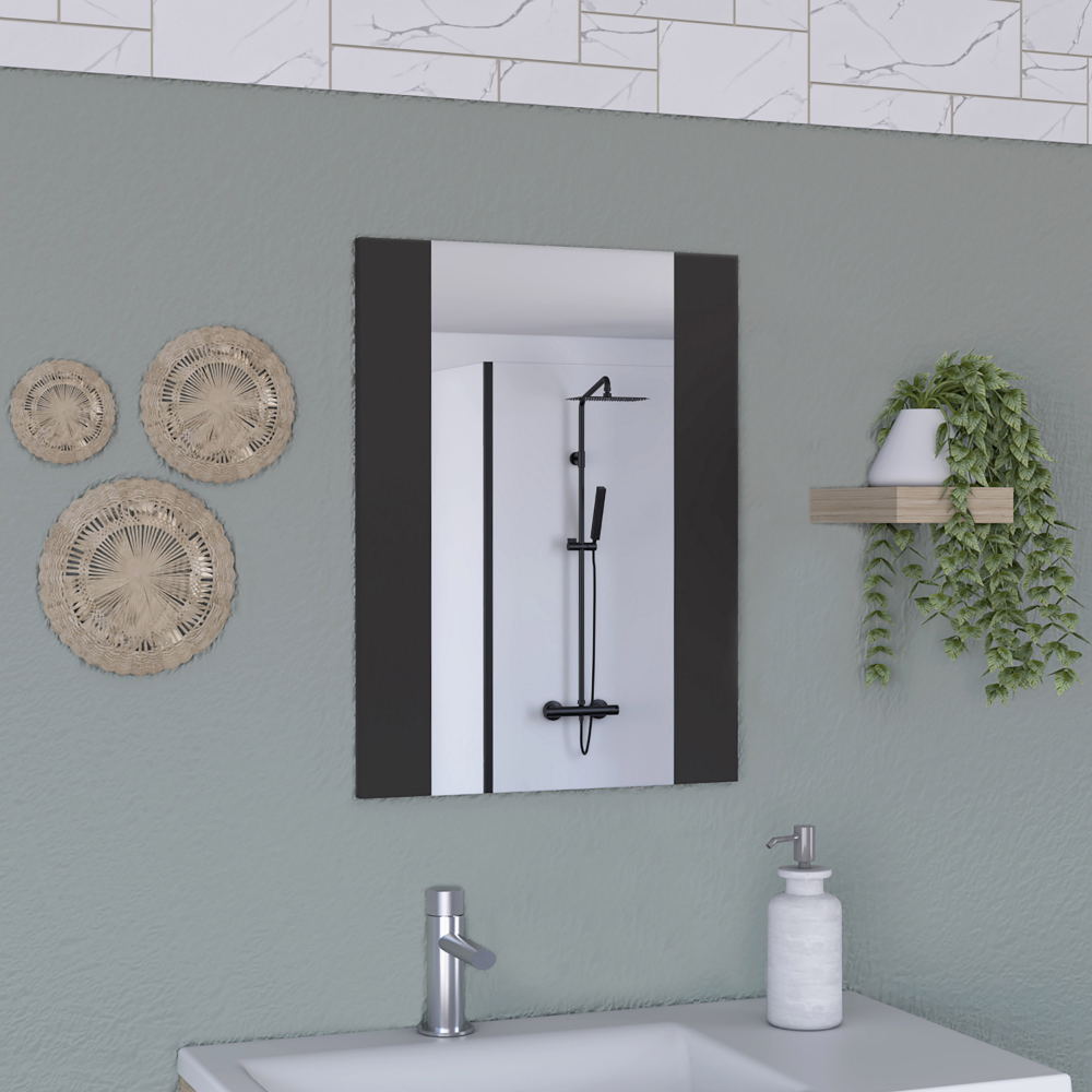 Mirror Weeds Medicine Cabinet with black wengue finish, featuring a large mirror and two external shelves for bathroom storage.