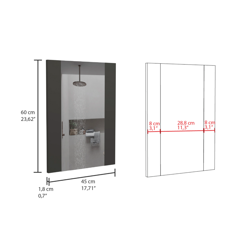 Mirror Weeds Medicine Cabinet with black wengue finish, featuring a large mirror and two external shelves for bathroom storage.