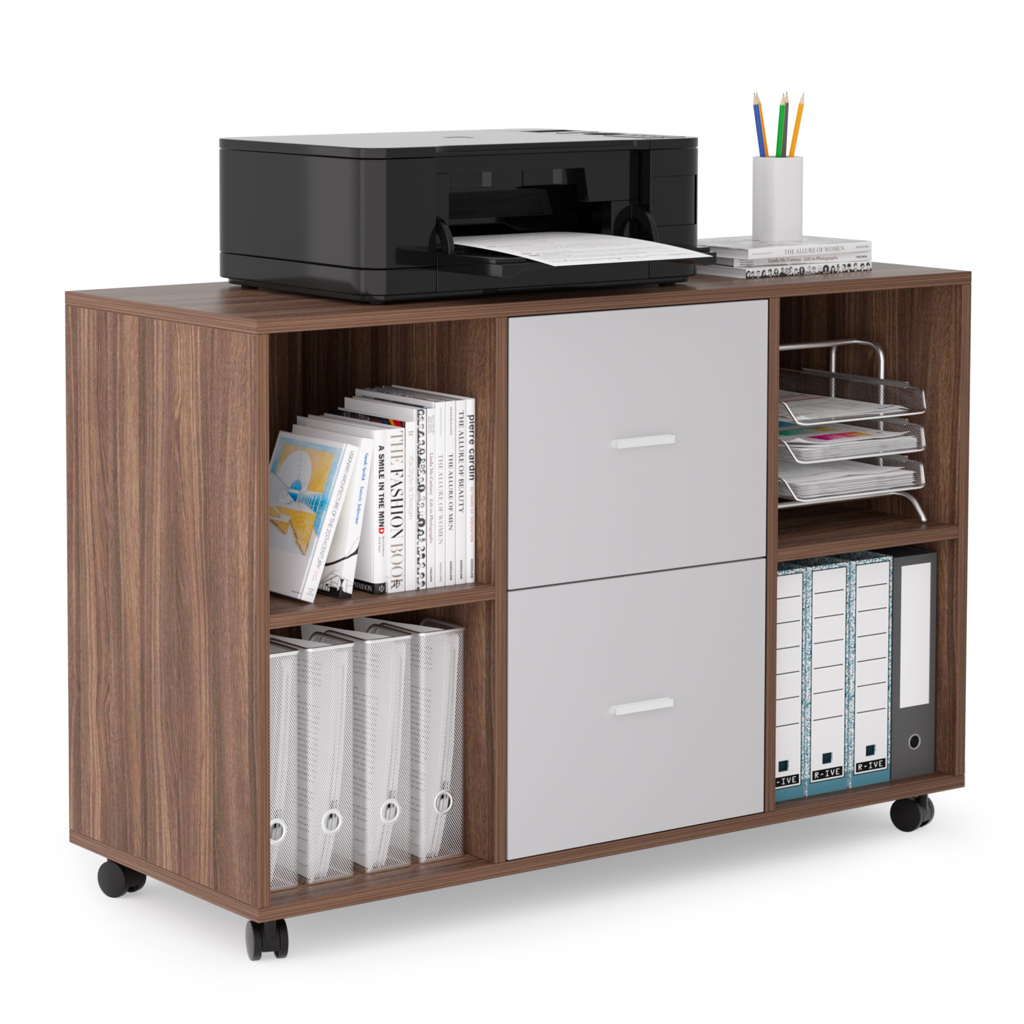 Mobile lateral filing cabinet featuring 2 drawers and 4 open storage compartments in light grey solid wood finish, ideal for home office organization.