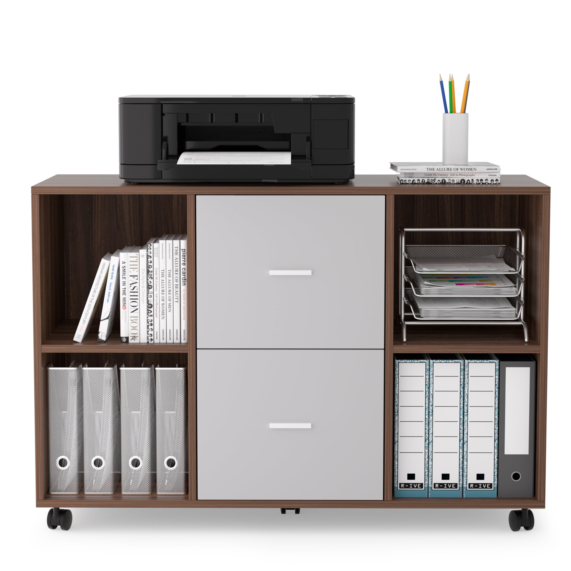 Mobile lateral filing cabinet featuring 2 drawers and 4 open storage compartments in light grey solid wood finish, ideal for home office organization.