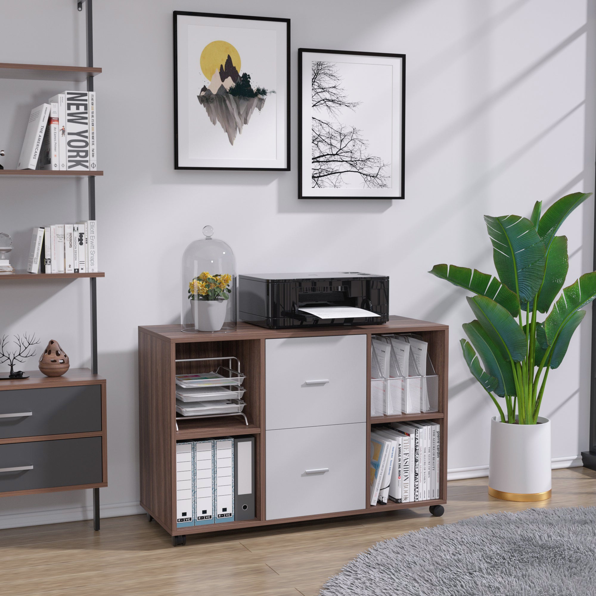Mobile lateral filing cabinet featuring 2 drawers and 4 open storage compartments in light grey solid wood finish, ideal for home office organization.