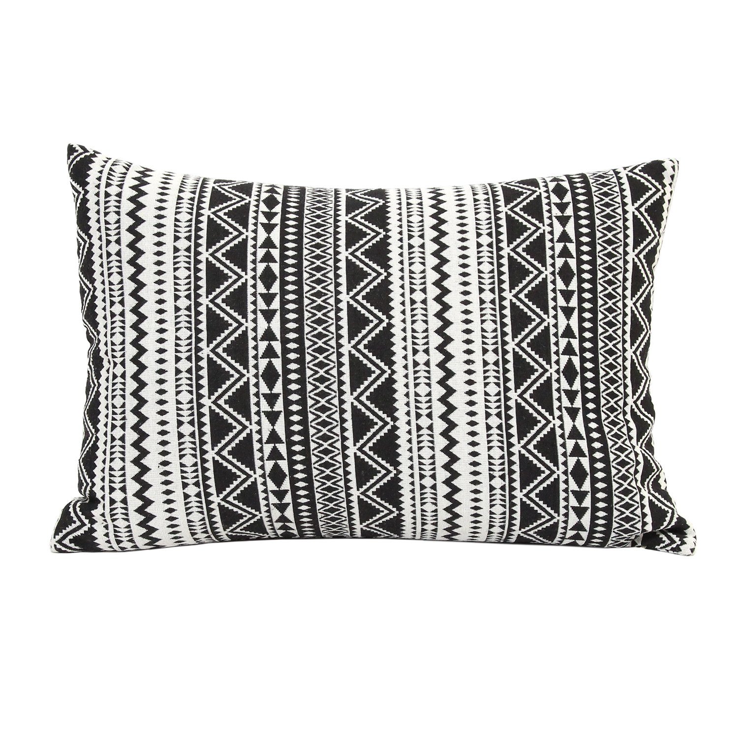 Modern Boho Black And White Stripe Lumbar Accent Pillow on a stylish sofa, showcasing its tribal stripe design and hidden zipper.
