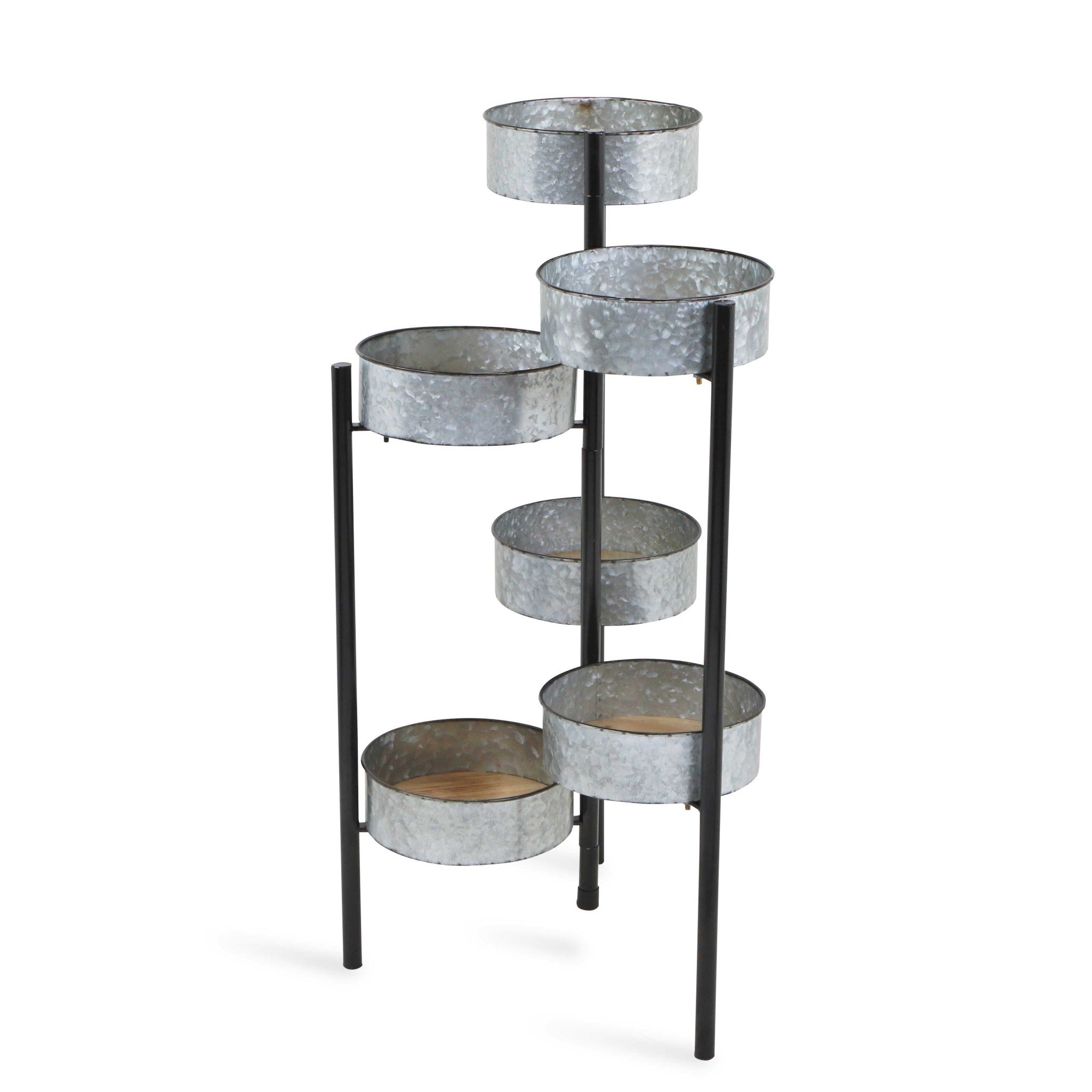 Modern Farmhouse 6 Tier Galvanized Metal Plant Stand featuring a vertical design with wood bases and galvanized steel pots, perfect for indoor plant display.