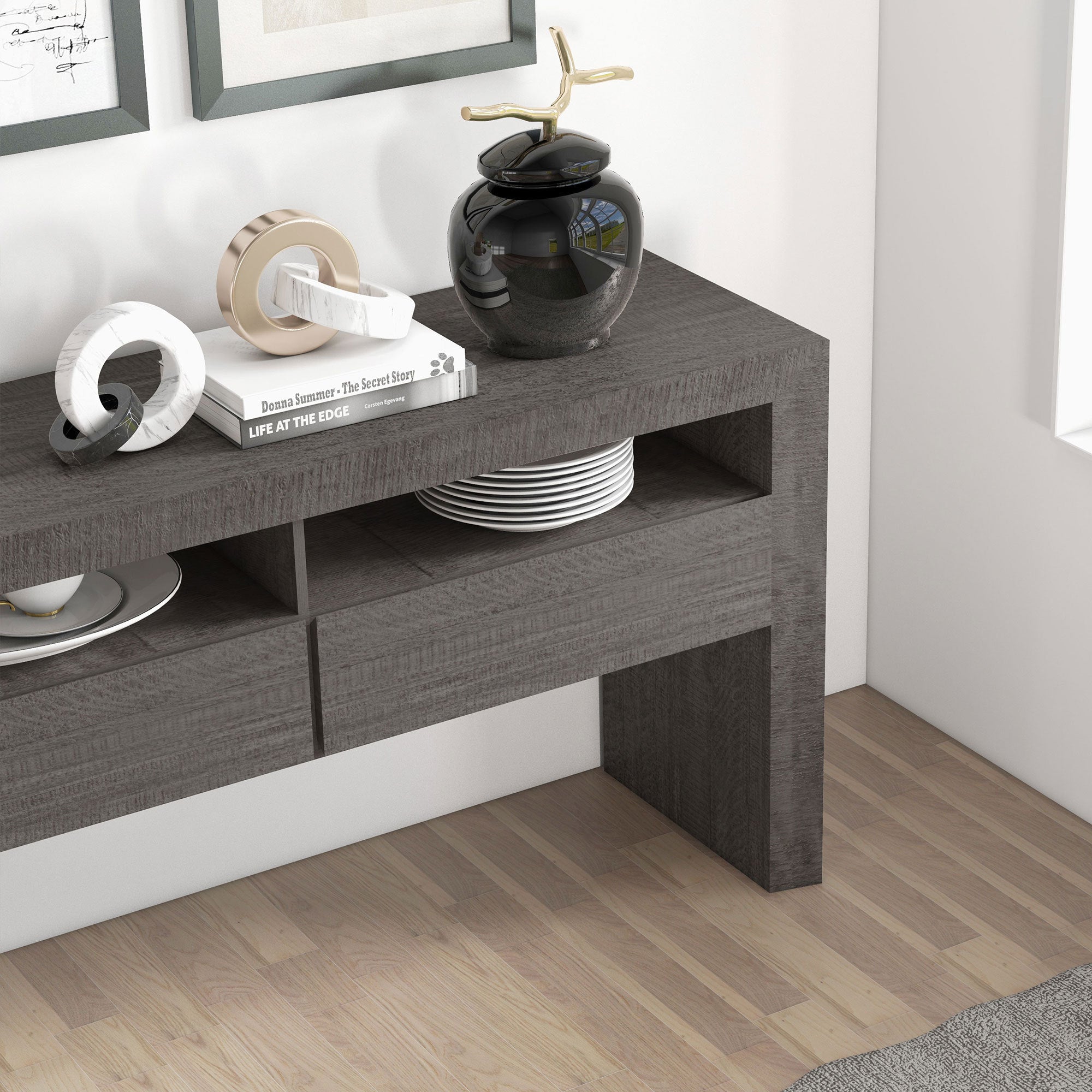Modern Farmhouse Buffet Storage Cabinet in dark gray with two drawers, perfect for coffee bar and stylish storage.